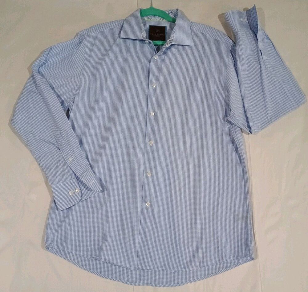 Tattersall London Men’s Dress Shirt Blue White Micro Check Plaid Long Sleeve L